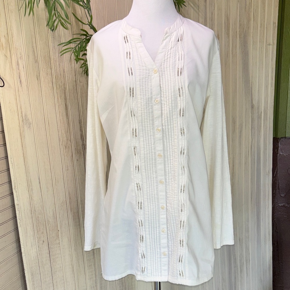 Coldwater Creek Cream Tuxedo Beaded Tunic Top, 100% Cotton, Size Medium, NWOT